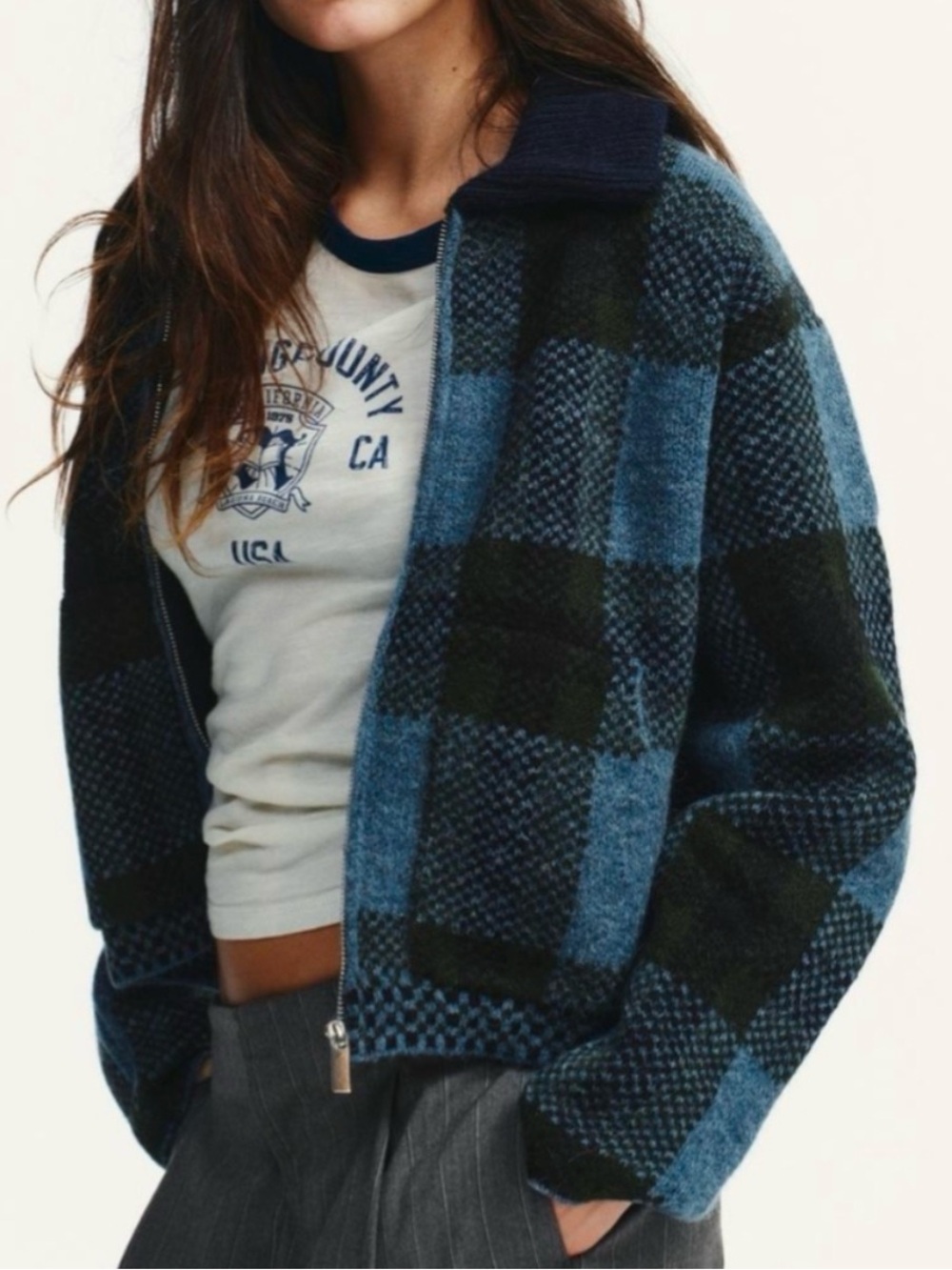 NWT Zara Plaid Knit Lapel Collared Bomber Jacket In Blue/Gray - M